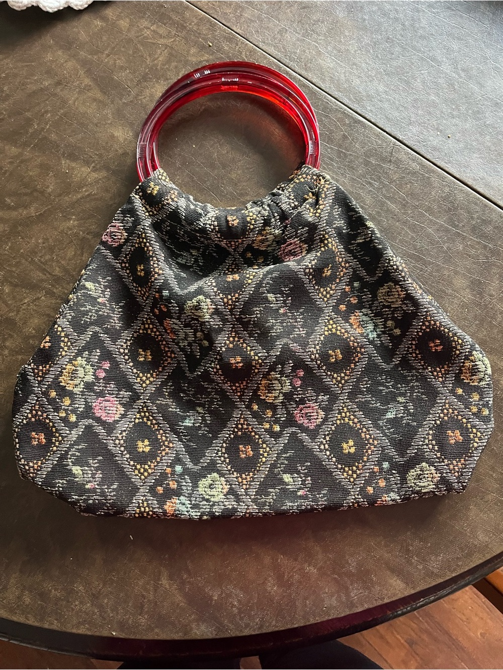 Vintage-Inspired Black Floral Tote with Red Acrylic Handles